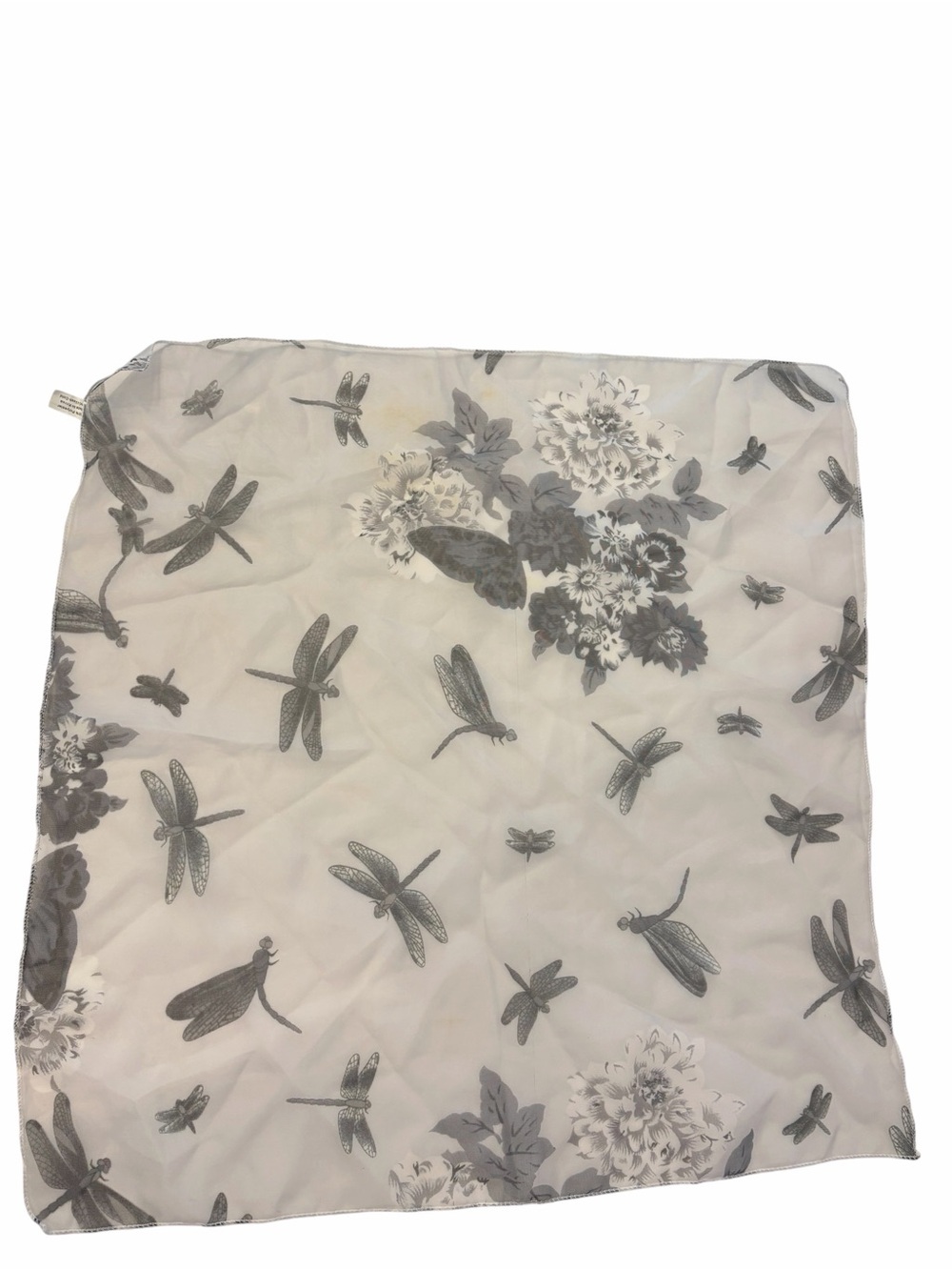 Square Scarf Greyscale Black White Dragonfly Florals 20x20” Stain Cottagecore
